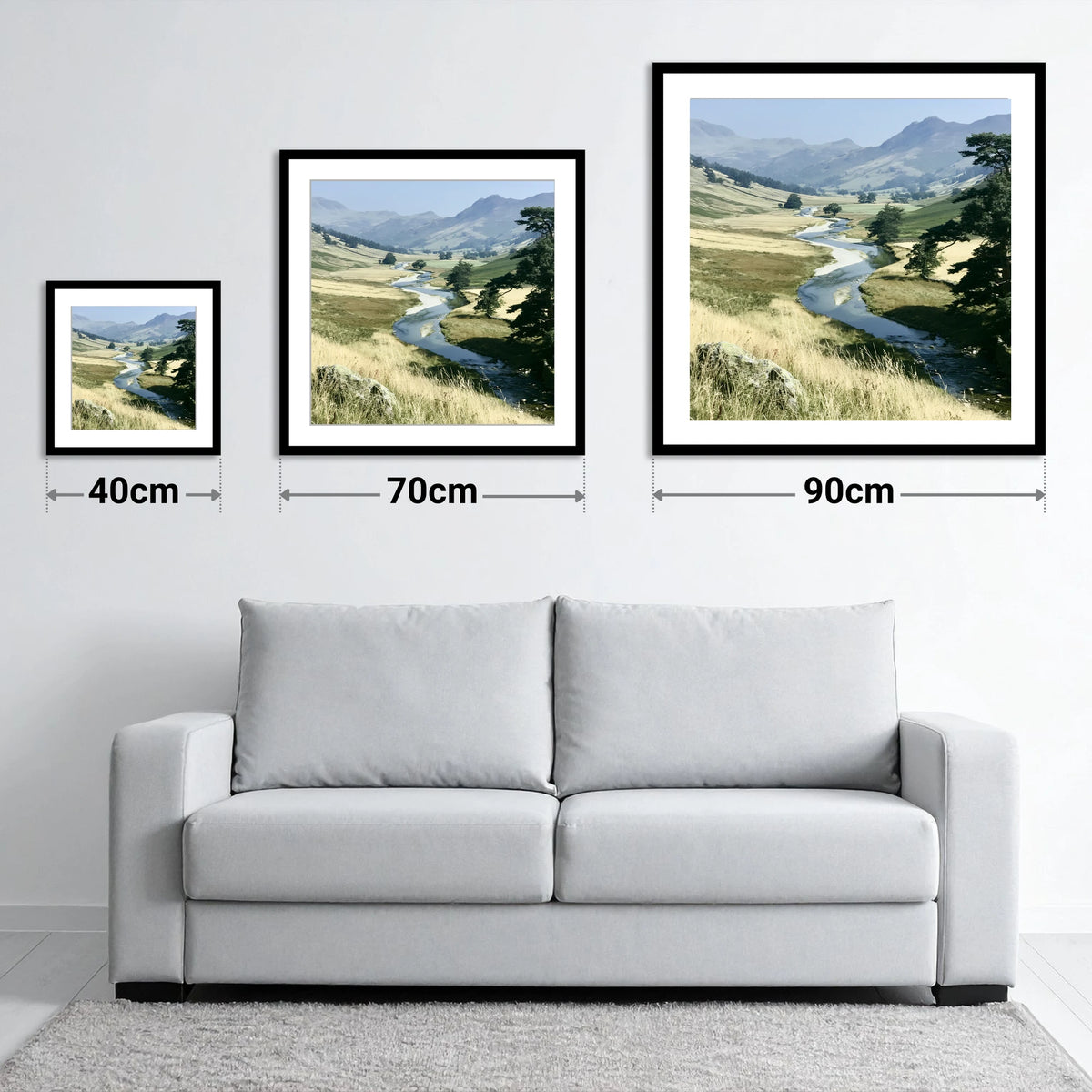 Winding River Beneath Hazy Fells - size guide showing 40cm, 70cm and 90cm art prints