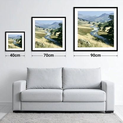 Winding River Beneath Hazy Fells - size guide showing 40cm, 70cm and 90cm art prints