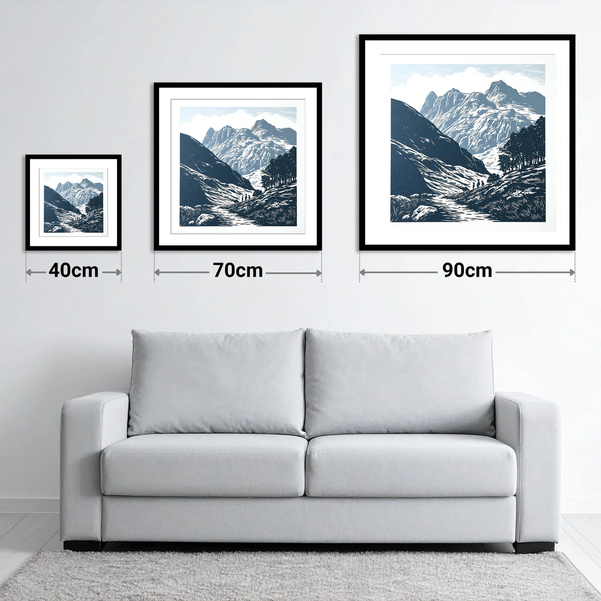 Langdale Pikes in Slate Blue - size guide showing 40cm, 70cm and 90cm art prints