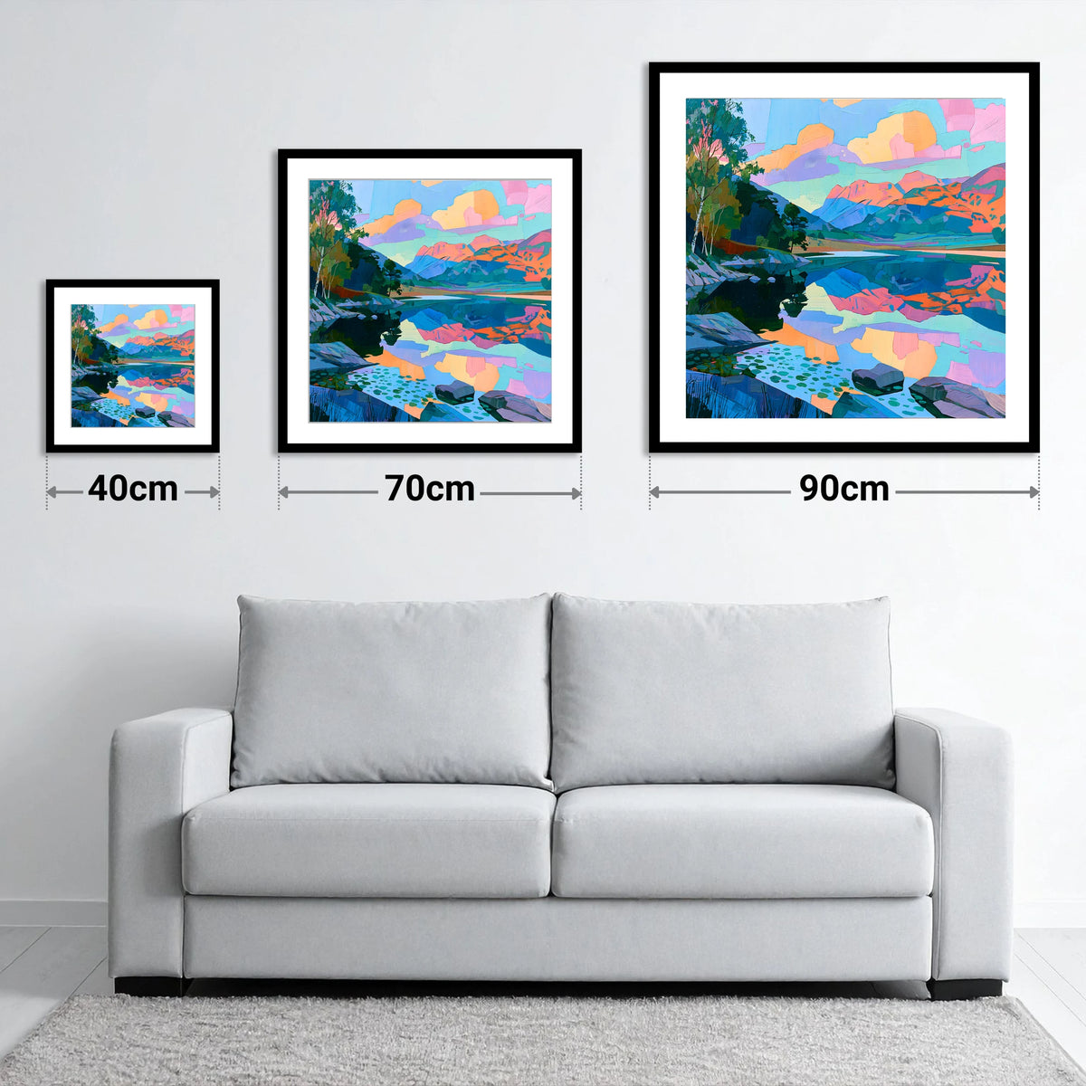 Pastel Dawn Over Still Lake - size guide showing 40cm, 70cm and 90cm art prints