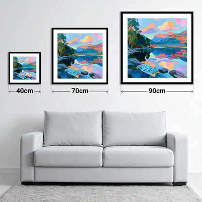 Pastel Dawn Over Still Lake - size guide showing 40cm, 70cm and 90cm art prints