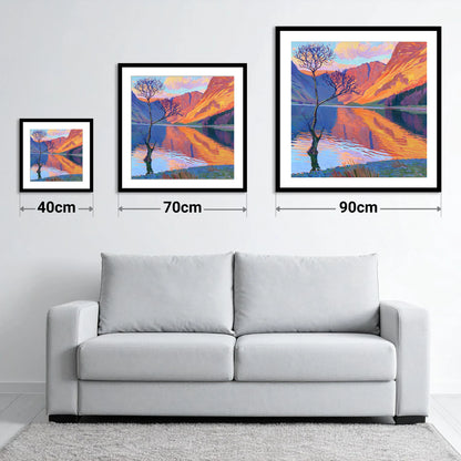 Vibrant Lone Tree at Buttermere - size guide showing 40cm, 70cm and 90cm art prints