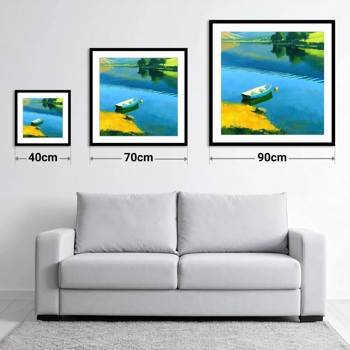 Blue Rowing Boat on Luminous Water - size guide showing 40cm, 70cm and 90cm art prints