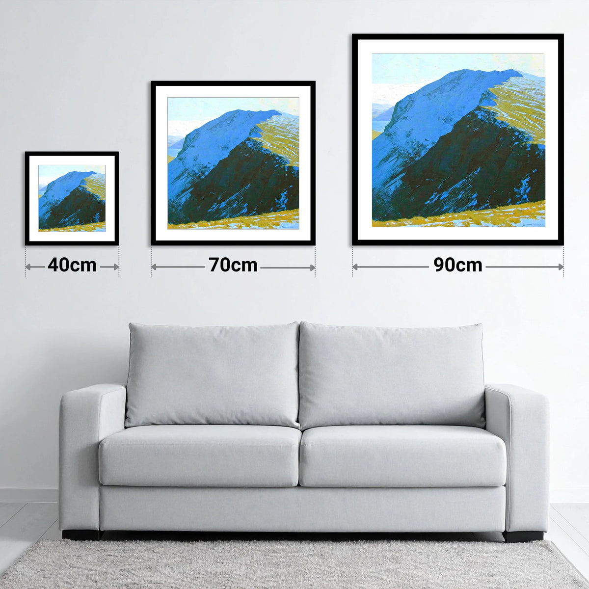 Snow on High Spy Ridge - size guide showing 40cm, 70cm and 90cm art prints