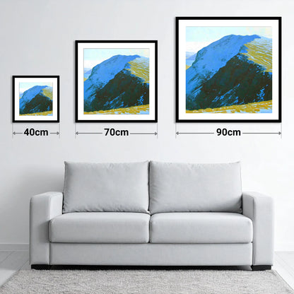 Snow on High Spy Ridge - size guide showing 40cm, 70cm and 90cm art prints