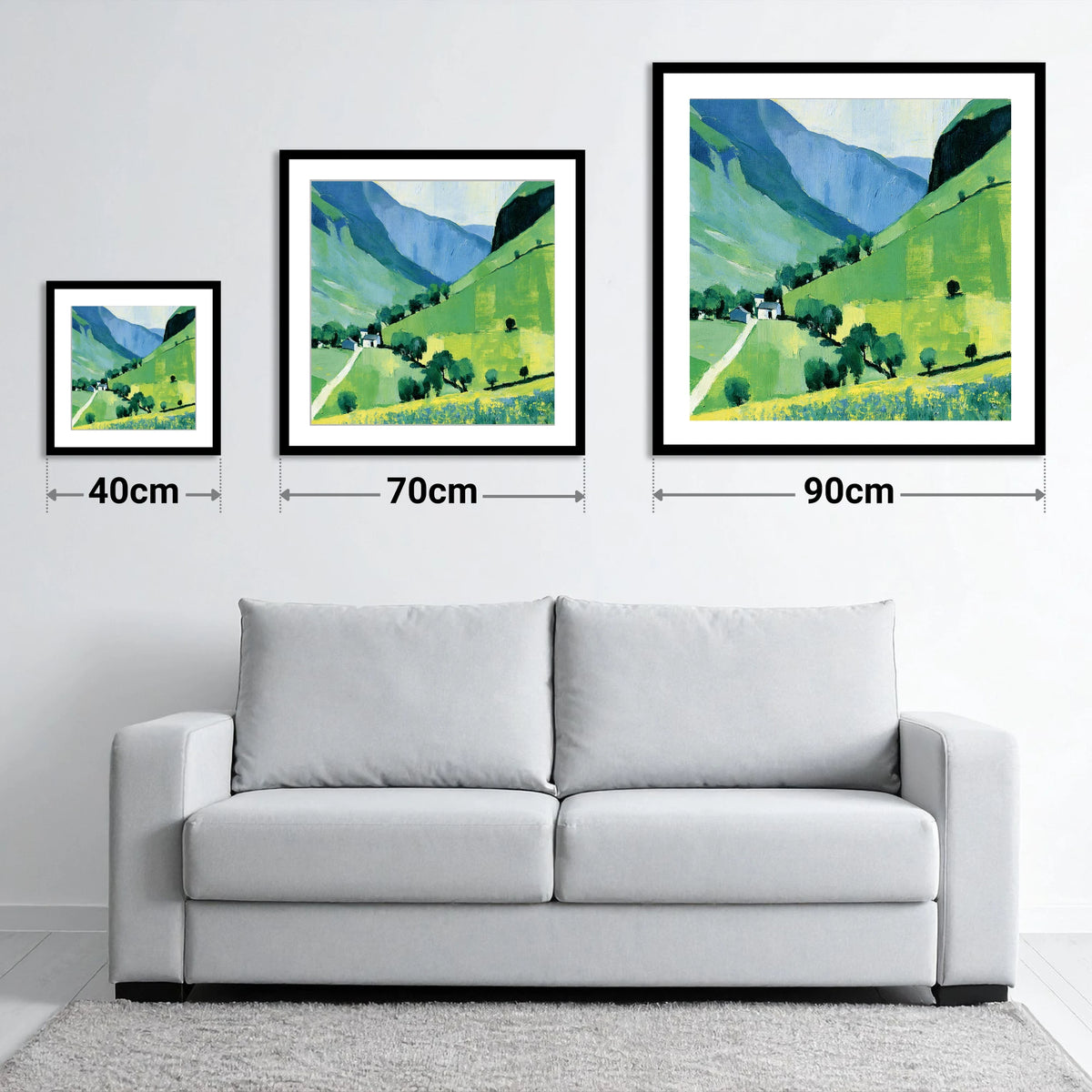 Vibrant Green Valley and Fells - size guide showing 40cm, 70cm and 90cm art prints