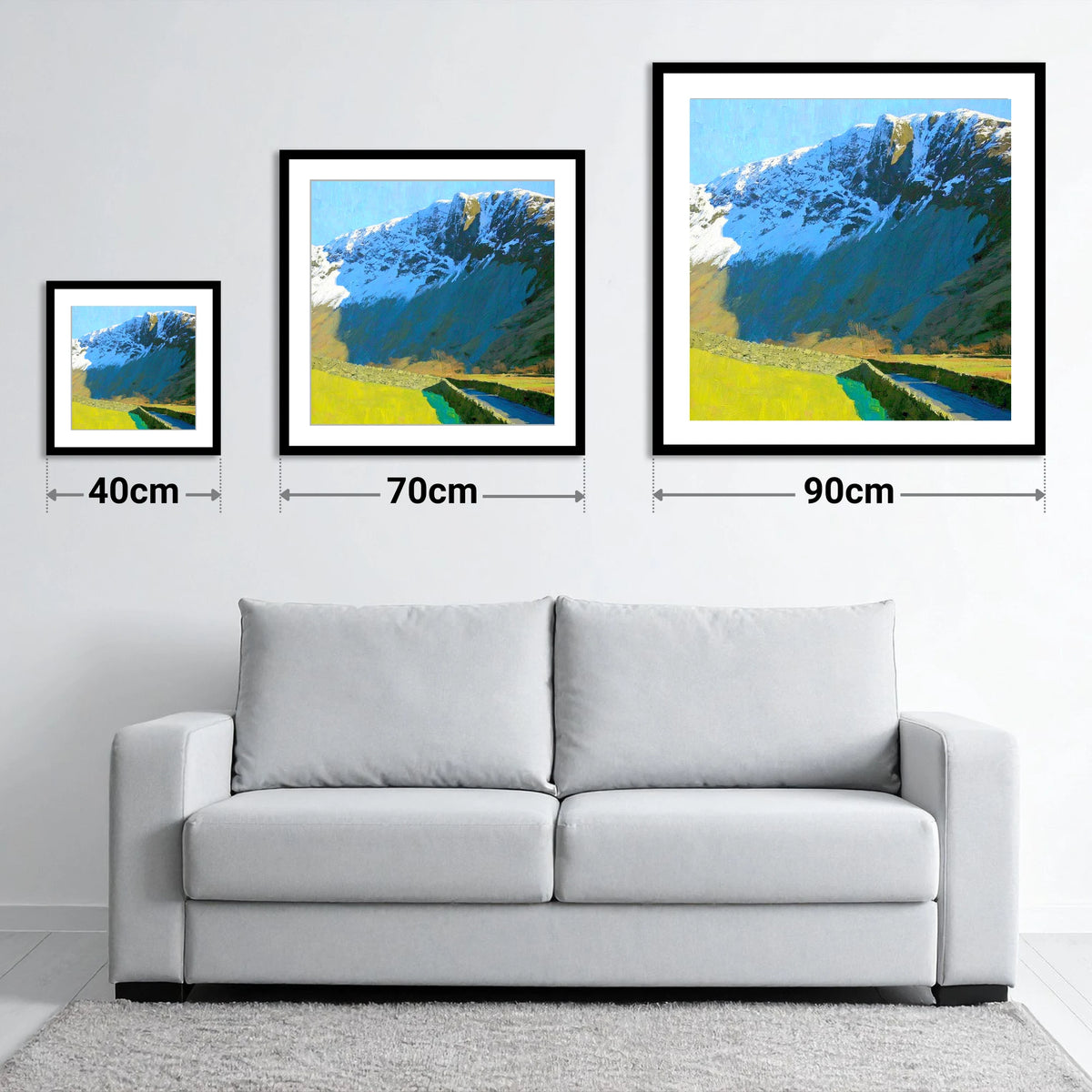 Vibrant Base Brown Snowy Ridge - size guide showing 40cm, 70cm and 90cm art prints