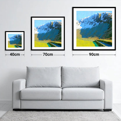 Vibrant Base Brown Snowy Ridge - size guide showing 40cm, 70cm and 90cm art prints