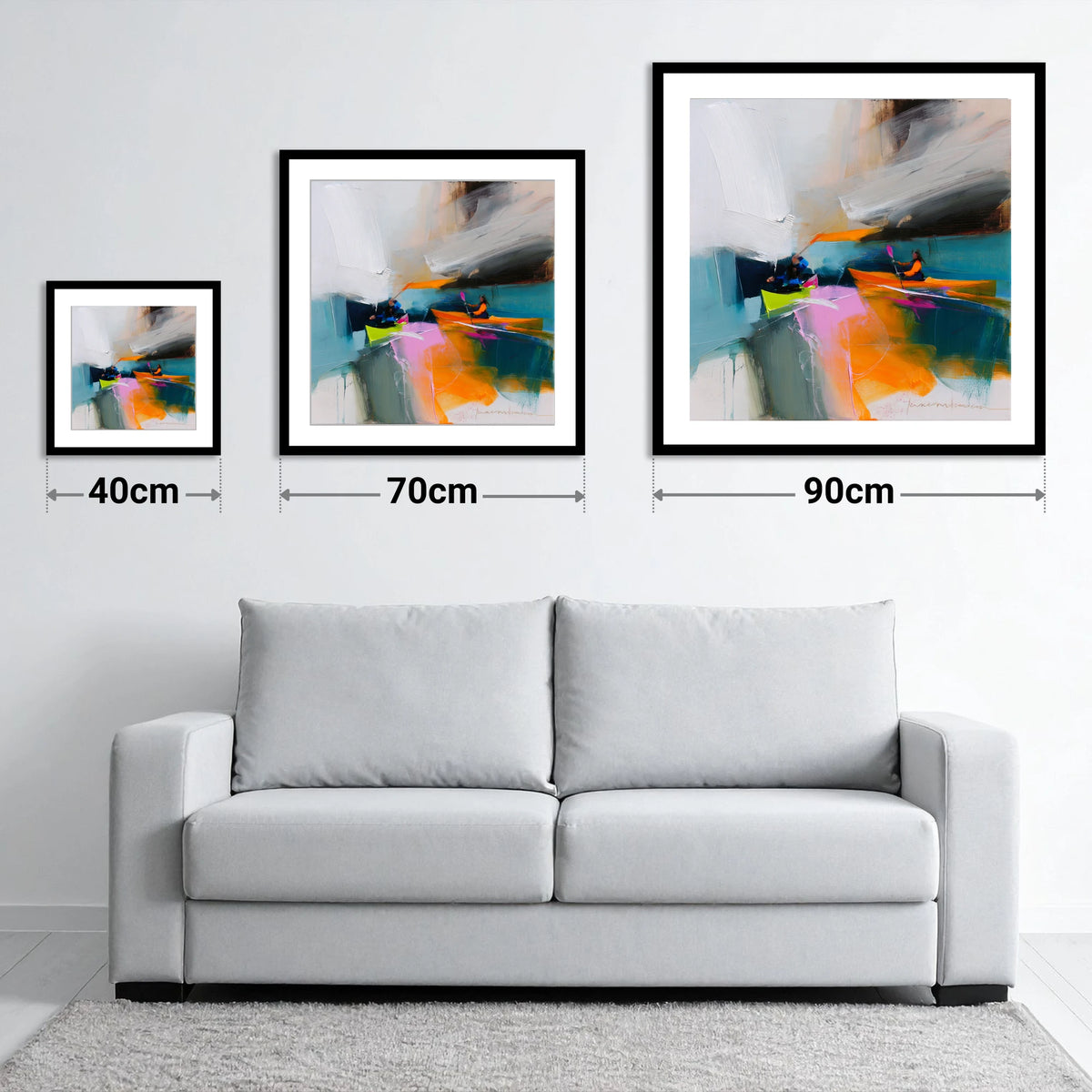 Vibrant Kayakers on a Lake - size guide showing 40cm, 70cm and 90cm art prints
