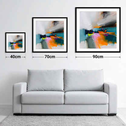 Vibrant Kayakers on a Lake - size guide showing 40cm, 70cm and 90cm art prints