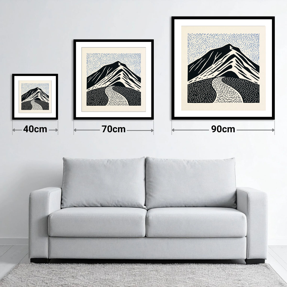 Blencathra Beneath a Rhythmic Sky - size guide showing 40cm, 70cm and 90cm art prints