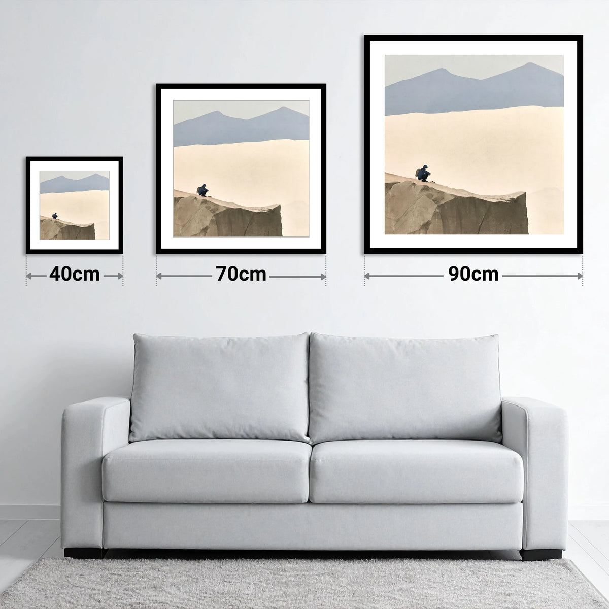 Crouched Walker on Blencathra Edge - size guide showing 40cm, 70cm and 90cm art prints
