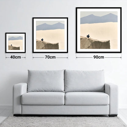 Crouched Walker on Blencathra Edge - size guide showing 40cm, 70cm and 90cm art prints