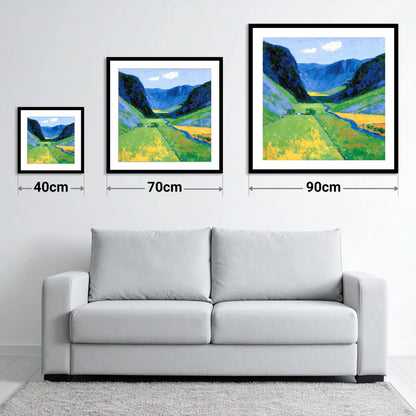 Vivid Valley Beneath Blue Fells - size guide showing 40cm, 70cm and 90cm art prints