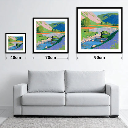 Vibrant Stone Bridge And Beck - size guide showing 40cm, 70cm and 90cm art prints