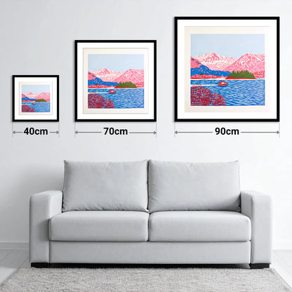 Derwentwater Boat and Pink Fells - size guide showing 40cm, 70cm and 90cm art prints