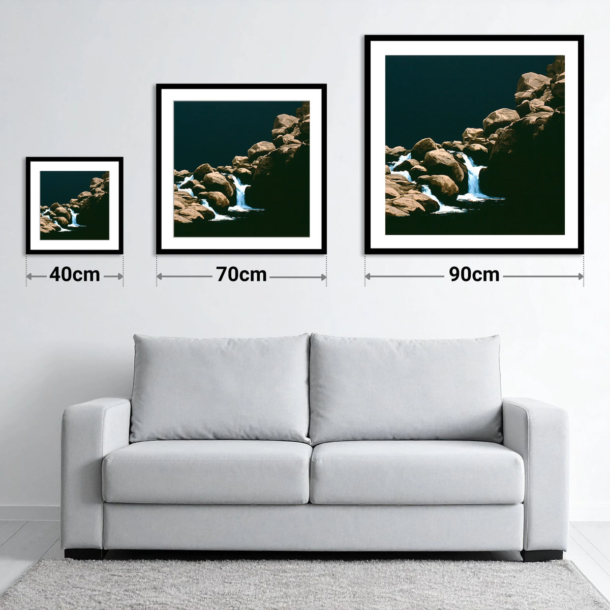 Tumbling Waterfall Among Sunlit Boulders - size guide showing 40cm, 70cm and 90cm art prints