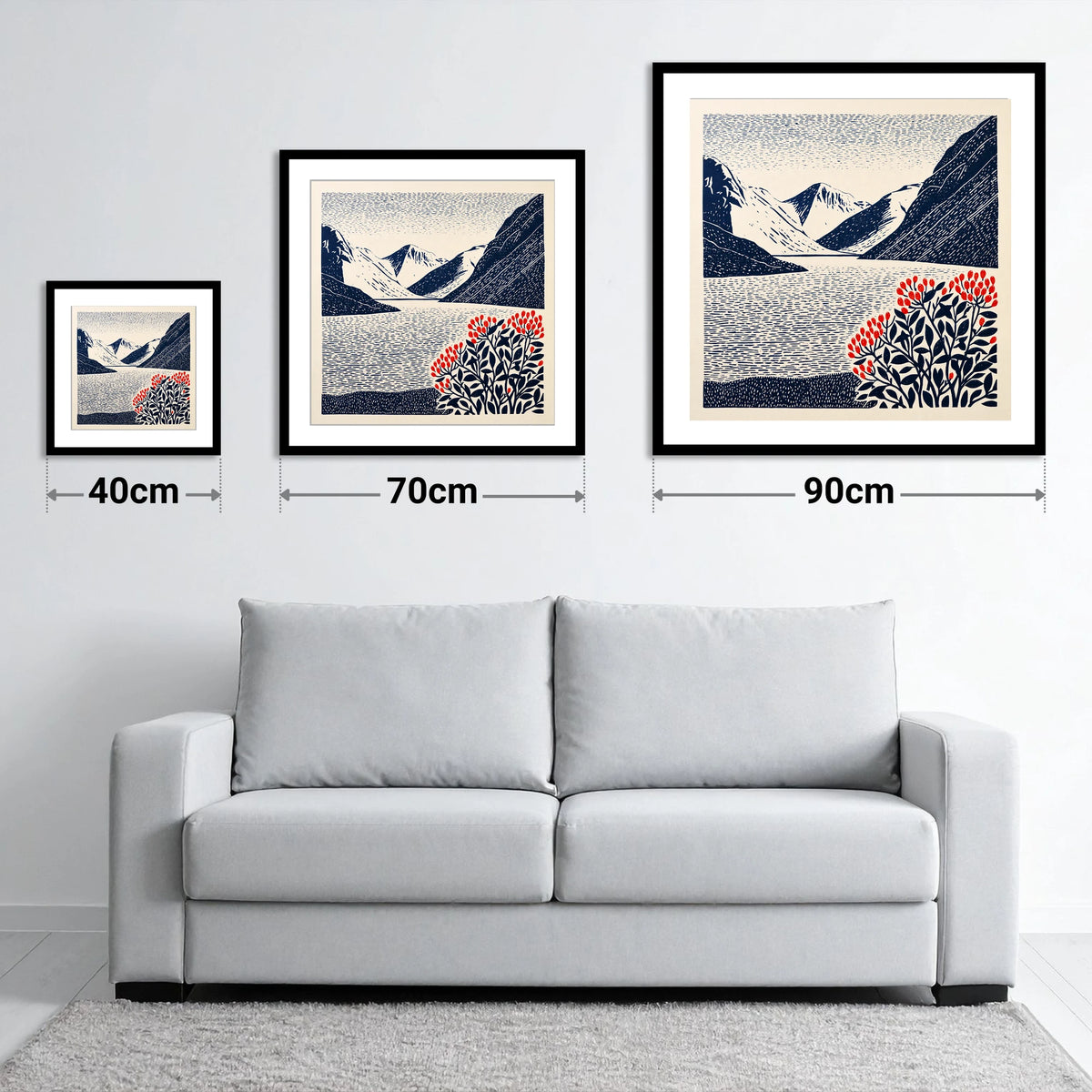 Wastwater Fells and Red Berries - size guide showing 40cm, 70cm and 90cm art prints