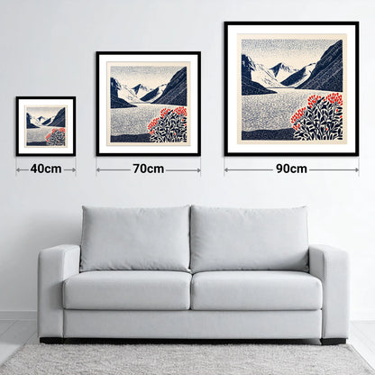 Wastwater Fells and Red Berries - size guide showing 40cm, 70cm and 90cm art prints