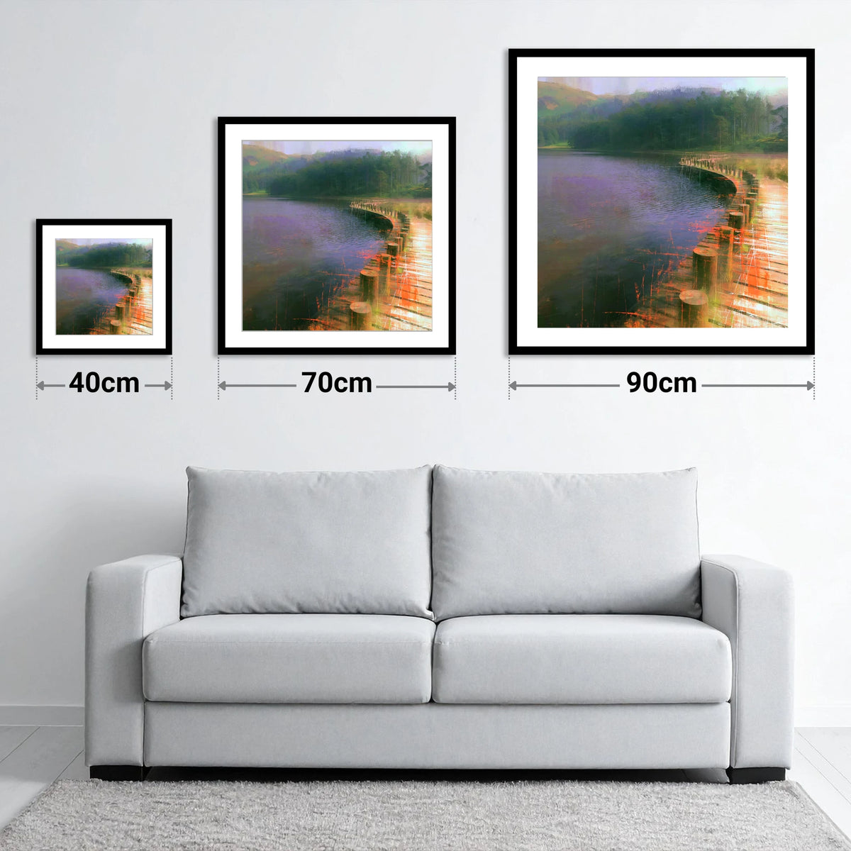 Tarn Hows Curving Boardwalk - size guide showing 40cm, 70cm and 90cm art prints