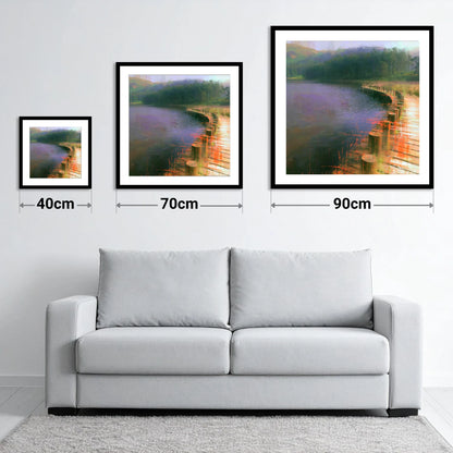 Tarn Hows Curving Boardwalk - size guide showing 40cm, 70cm and 90cm art prints