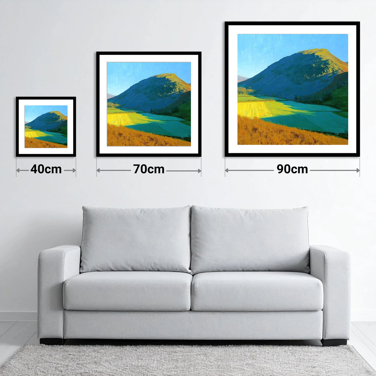 Sunlit Fields Below Low Fell - size guide showing 40cm, 70cm and 90cm art prints