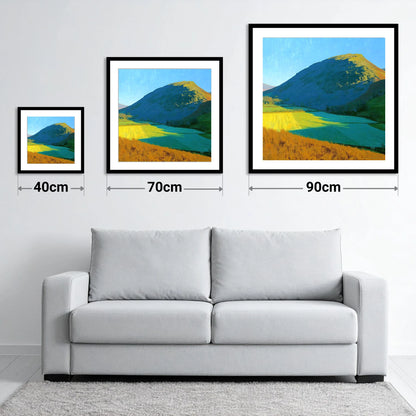 Sunlit Fields Below Low Fell - size guide showing 40cm, 70cm and 90cm art prints
