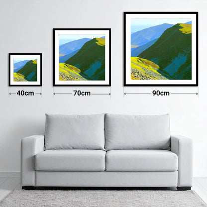 Sunlit Knott Rigg Ridge - size guide showing 40cm, 70cm and 90cm art prints