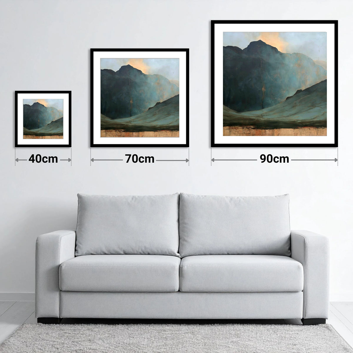 Langdale Pikes Beneath Breaking Light - size guide showing 40cm, 70cm and 90cm art prints