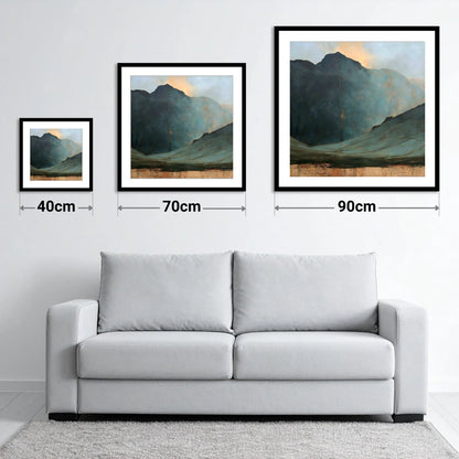 Langdale Pikes Beneath Breaking Light - size guide showing 40cm, 70cm and 90cm art prints