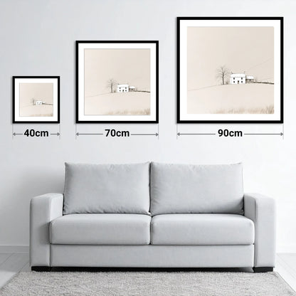 Minimalist White Fellside Cottage - size guide showing 40cm, 70cm and 90cm art prints