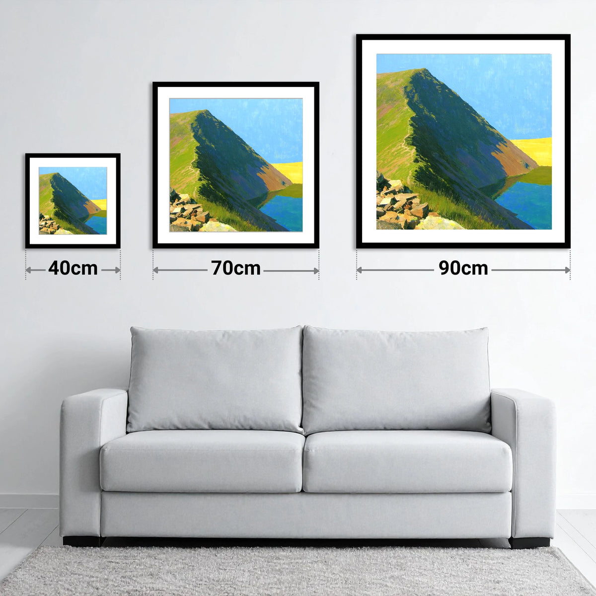 Sunlit Red Pike Ridge Ascent - size guide showing 40cm, 70cm and 90cm art prints