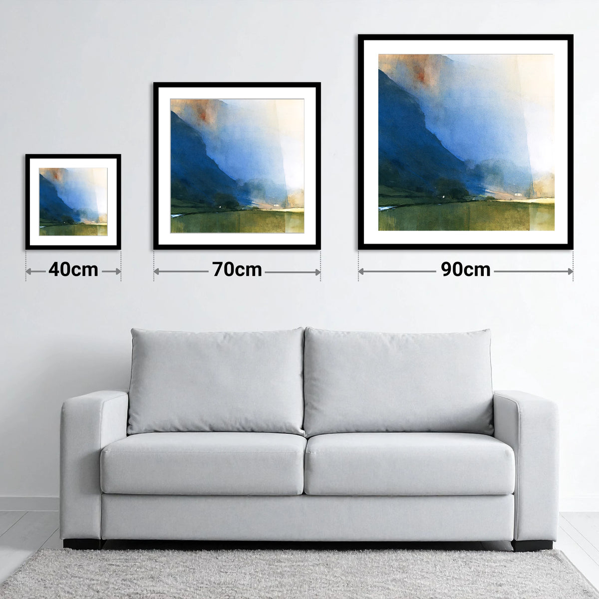 Valley Fells In Indigo Shadow - size guide showing 40cm, 70cm and 90cm art prints