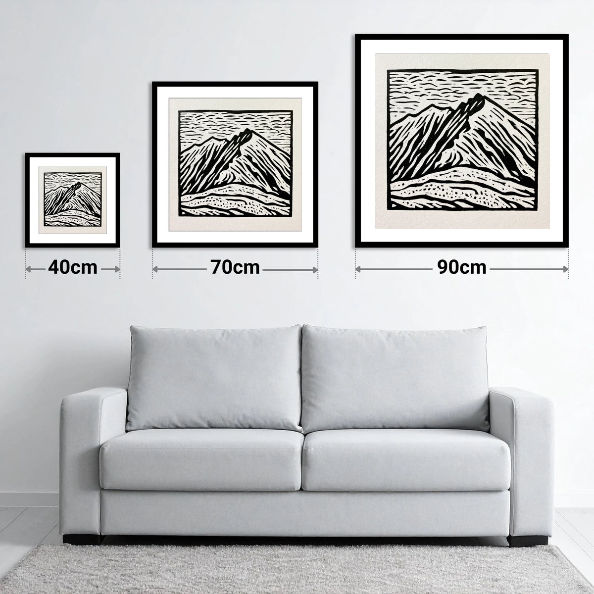 Monochrome Helvellyn Ridges - size guide showing 40cm, 70cm and 90cm art prints