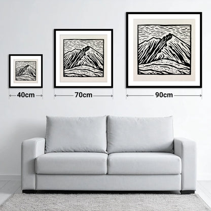 Monochrome Helvellyn Ridges - size guide showing 40cm, 70cm and 90cm art prints