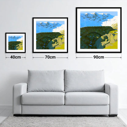 Allen Crags Winter Stone Bridge - size guide showing 40cm, 70cm and 90cm art prints