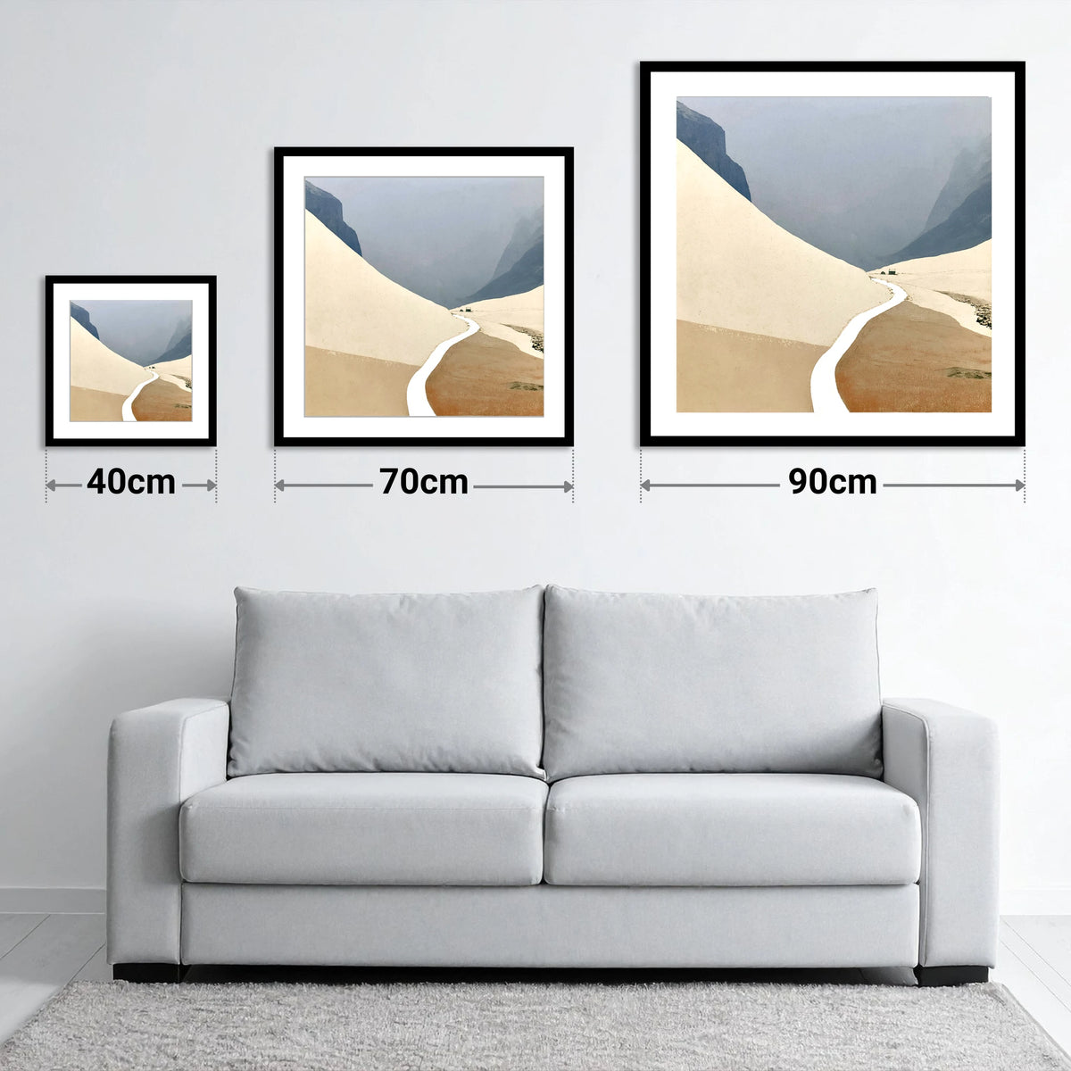 Winding Mountain Path through Winter Fells - size guide showing 40cm, 70cm and 90cm art prints