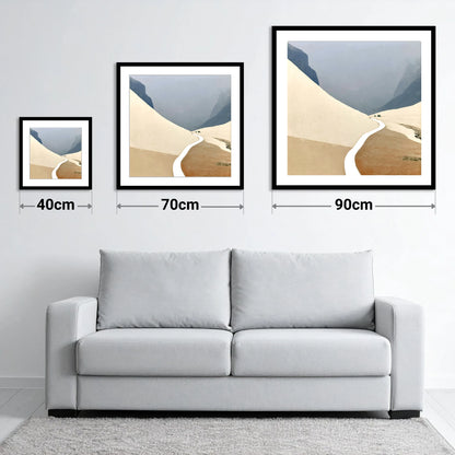 Winding Mountain Path through Winter Fells - size guide showing 40cm, 70cm and 90cm art prints