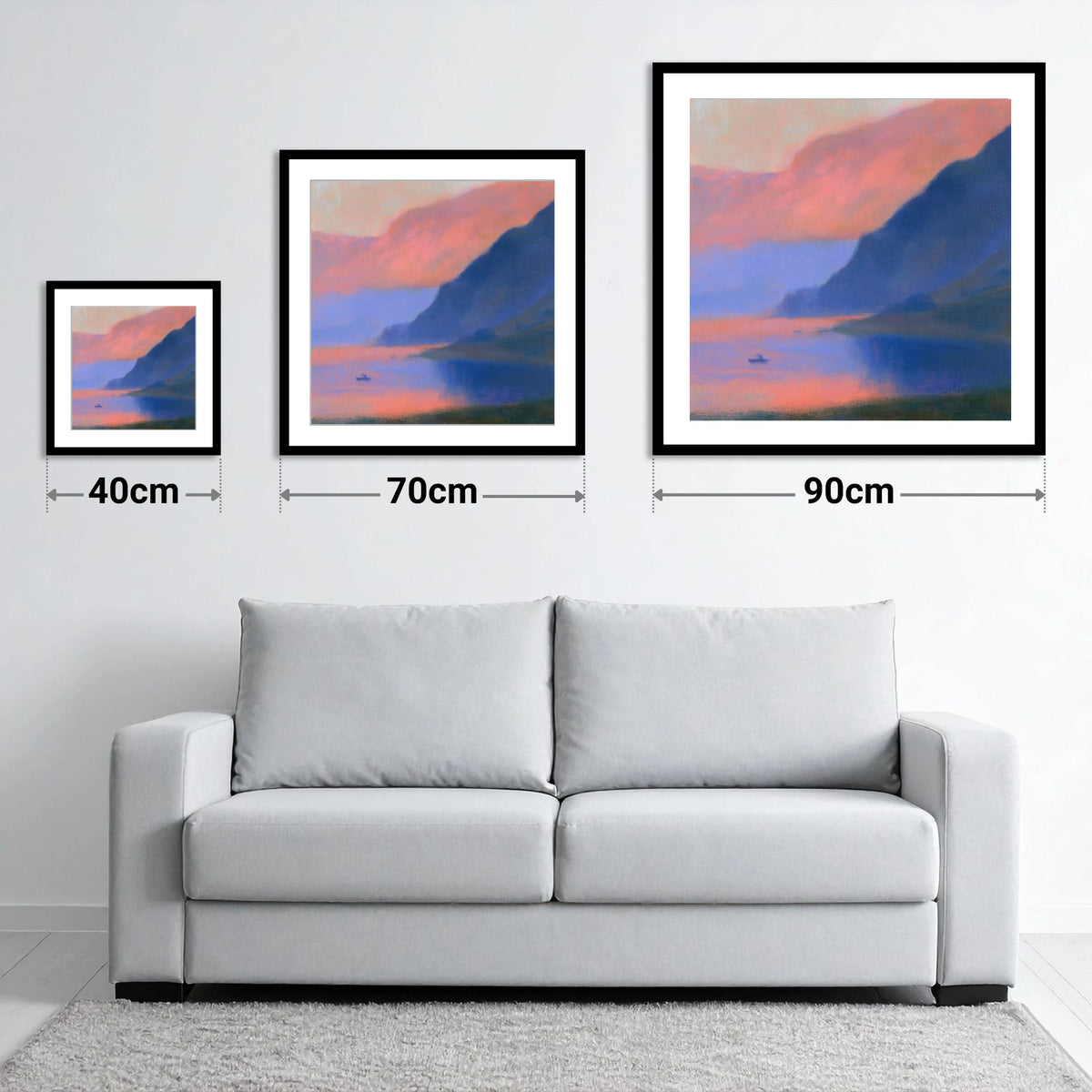 Indigo Fells at Pink Twilight - size guide showing 40cm, 70cm and 90cm art prints
