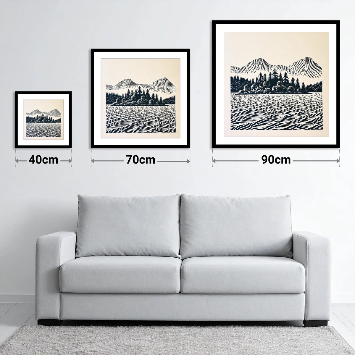 Graphic Derwentwater Island Landscape - size guide showing 40cm, 70cm and 90cm art prints