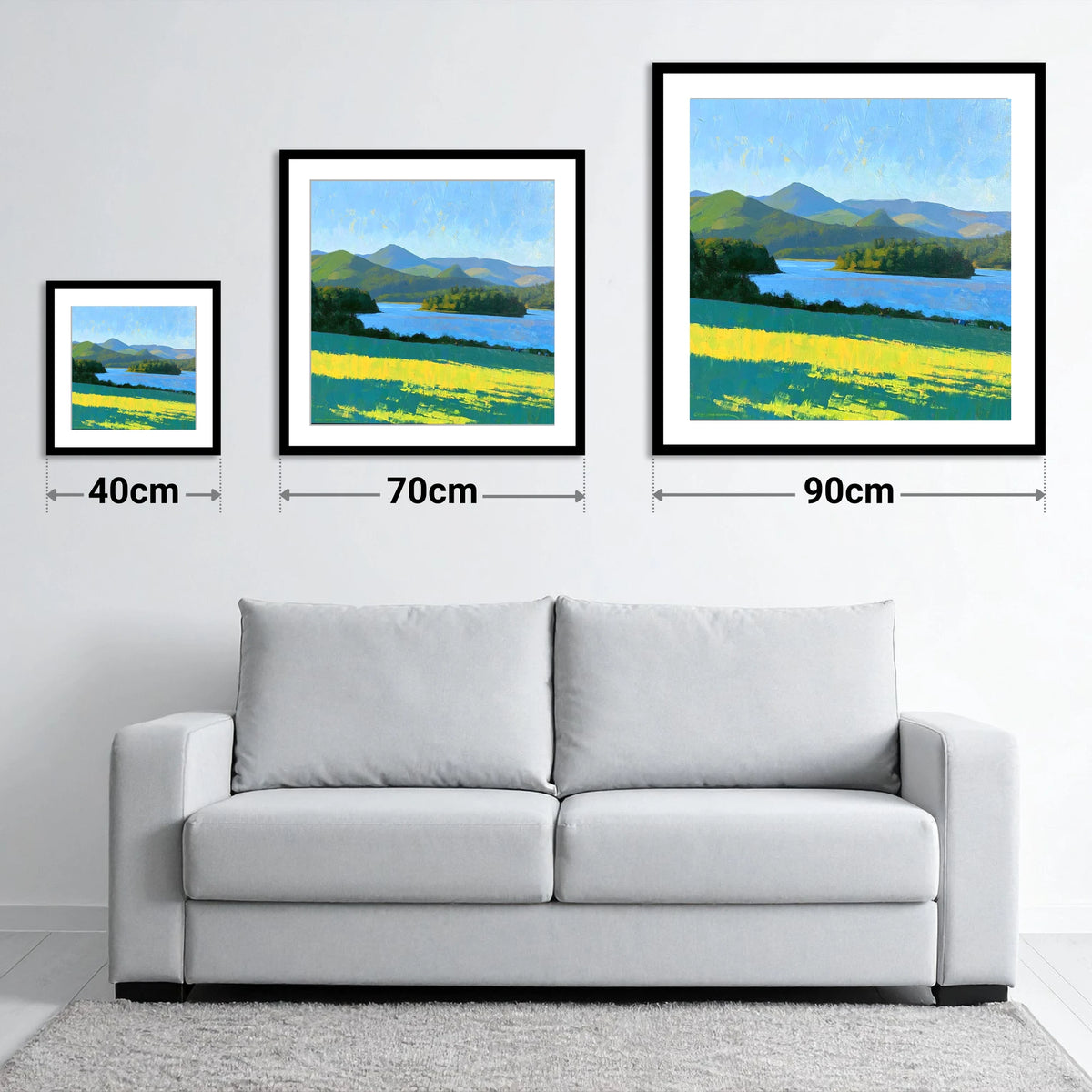 Sunlit Derwentwater From Crow Park - size guide showing 40cm, 70cm and 90cm art prints
