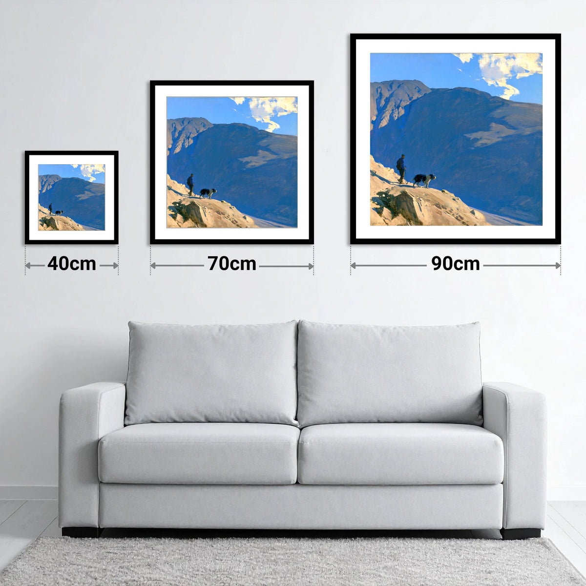 Great Gable Walker and Dog - size guide showing 40cm, 70cm and 90cm art prints