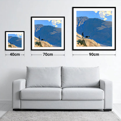 Great Gable Walker and Dog - size guide showing 40cm, 70cm and 90cm art prints