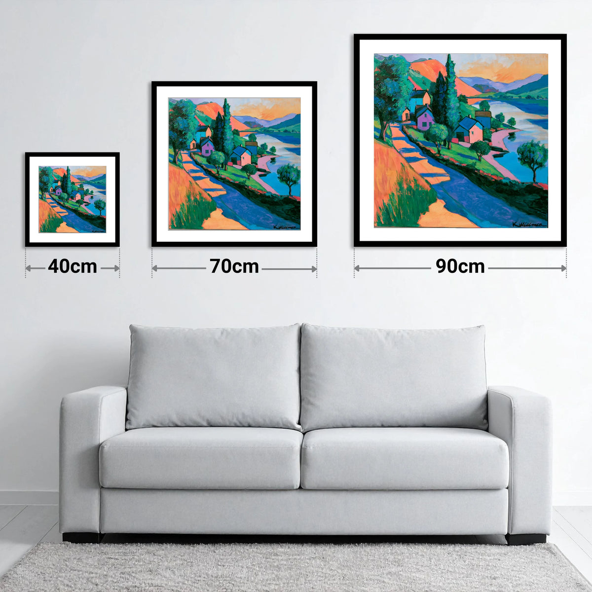 Vibrant Lakeside Village at Sunset - size guide showing 40cm, 70cm and 90cm art prints