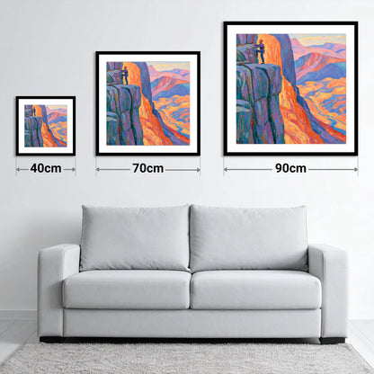 Vibrant Rock Climber on Sunset Crag - size guide showing 40cm, 70cm and 90cm art prints