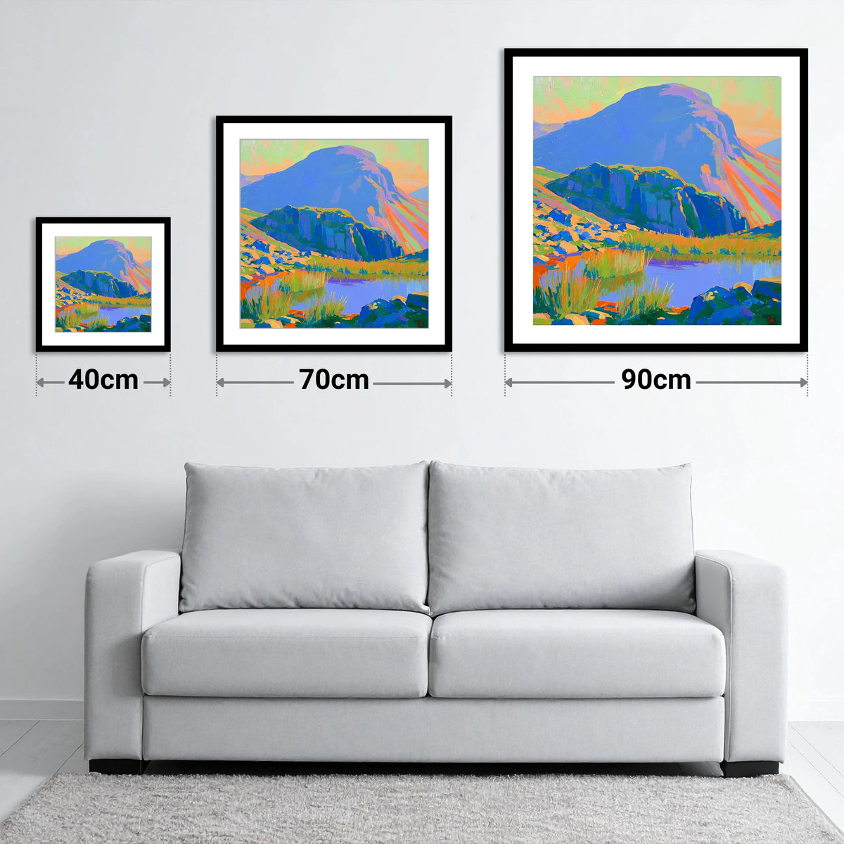 Vibrant Light on Haystacks Tarn - size guide showing 40cm, 70cm and 90cm art prints