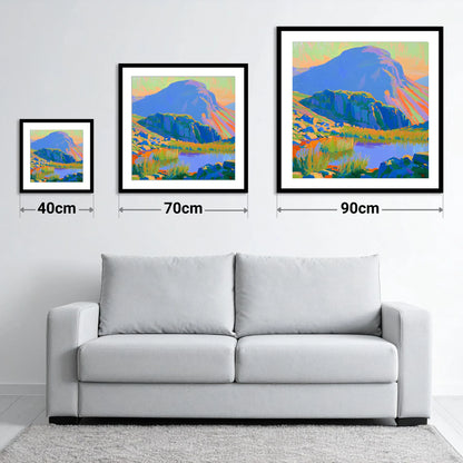Vibrant Light on Haystacks Tarn - size guide showing 40cm, 70cm and 90cm art prints