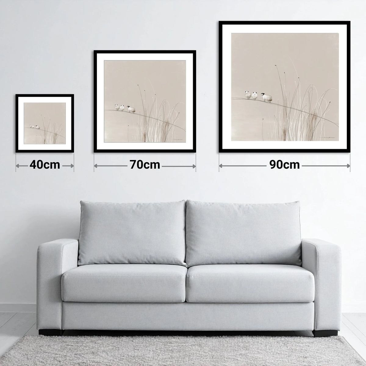 Herdwick Sheep among Fellside Grasses - size guide showing 40cm, 70cm and 90cm art prints
