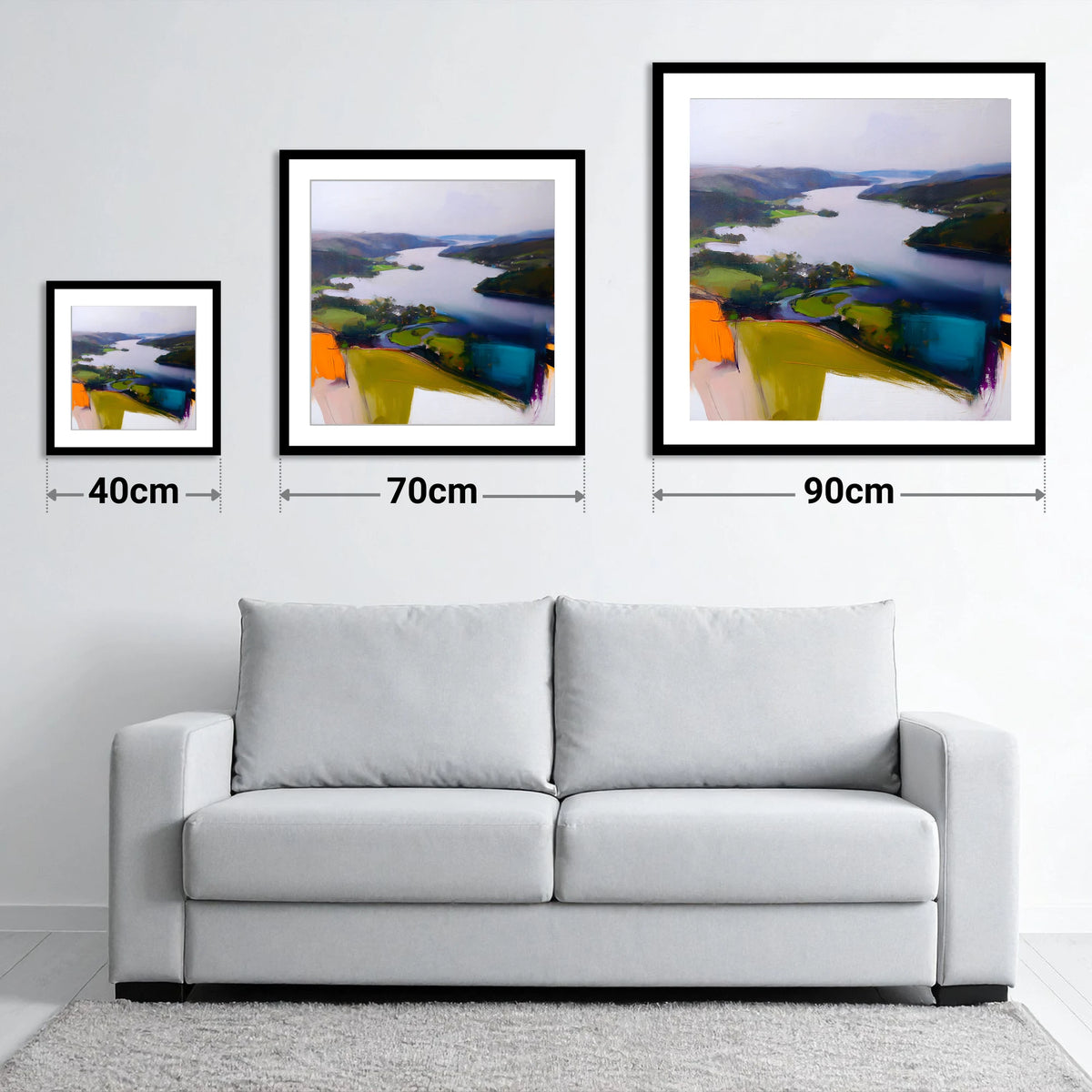 Contemporary Aerial View of Ambleside - size guide showing 40cm, 70cm and 90cm art prints