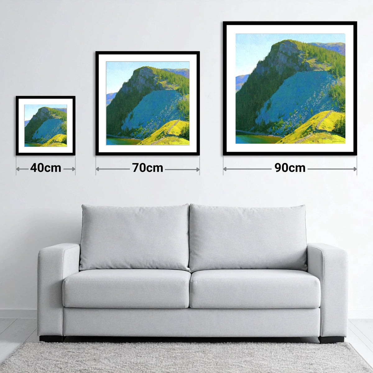 Castle Crag in Vibrant Sunlight - size guide showing 40cm, 70cm and 90cm art prints